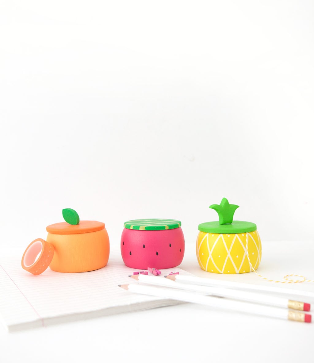 Create DIY Fruity Wooden Bracelet Trinket Boxes with a wooden bracelet and clay to create the perfect desk accessory