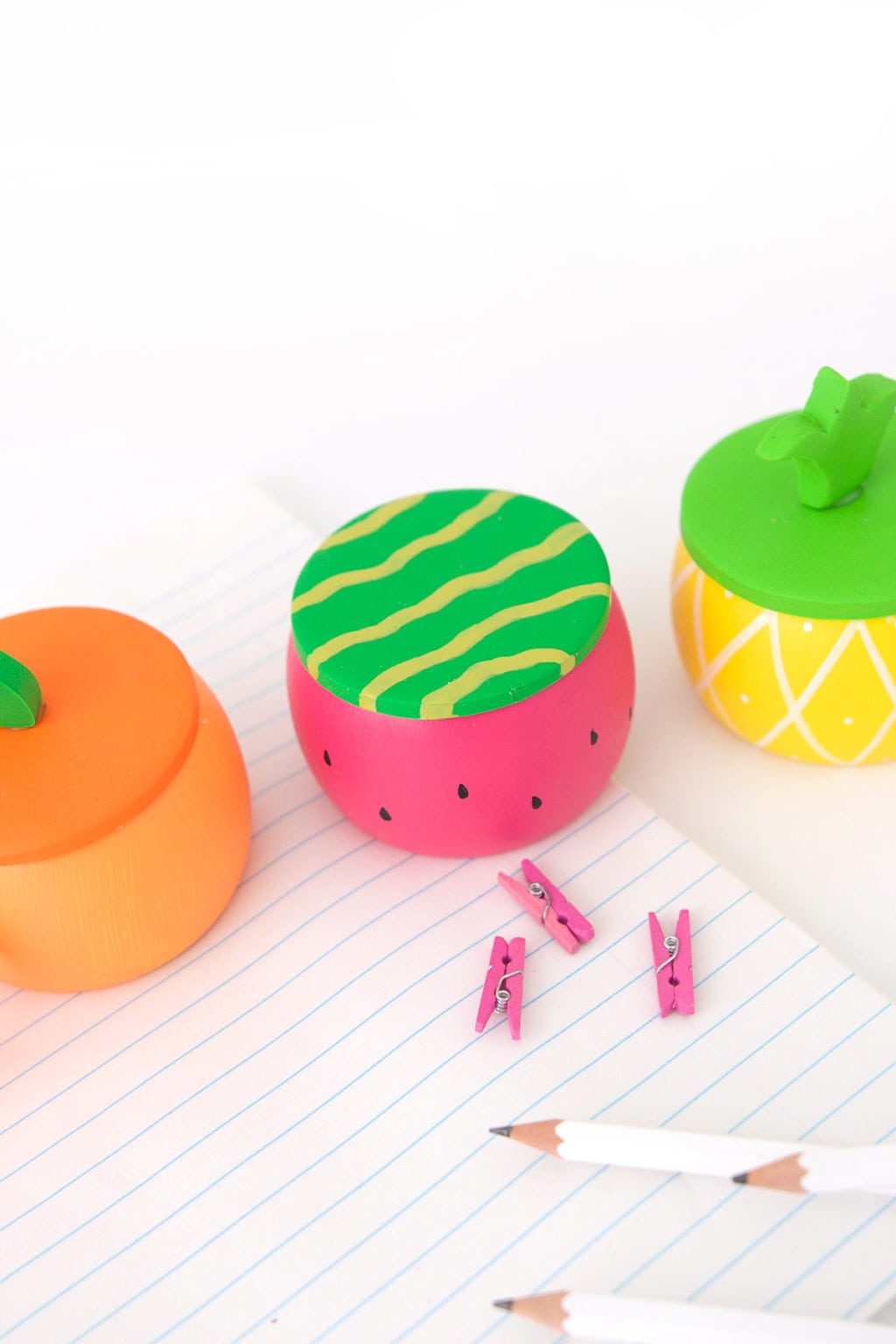 Create DIY Fruity Wooden Bracelet Trinket Boxes with a wooden bracelet and clay to create the perfect desk accessory