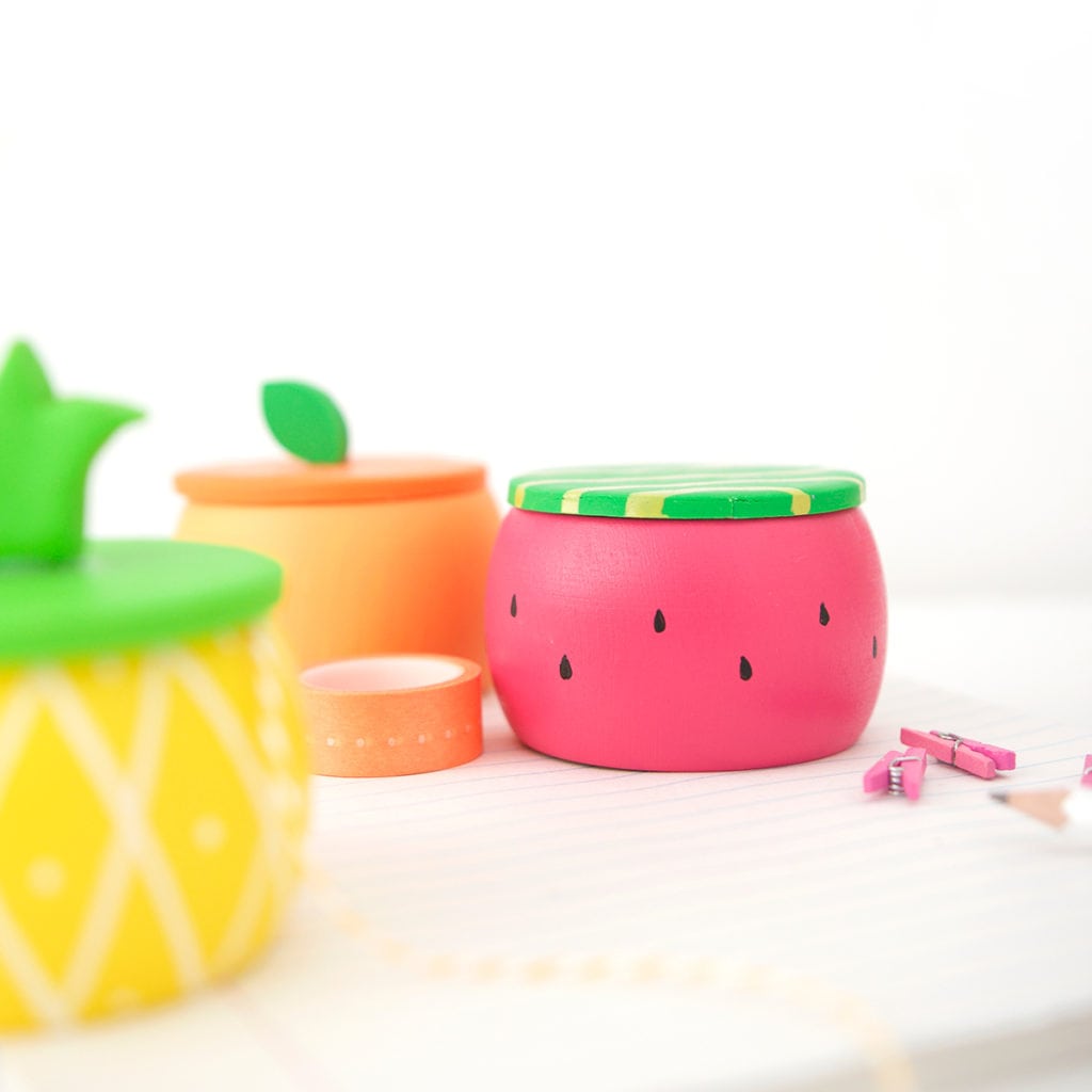 Create DIY Fruity Wooden Bracelet Trinket Boxes with a wooden bracelet and clay to create the perfect desk accessory