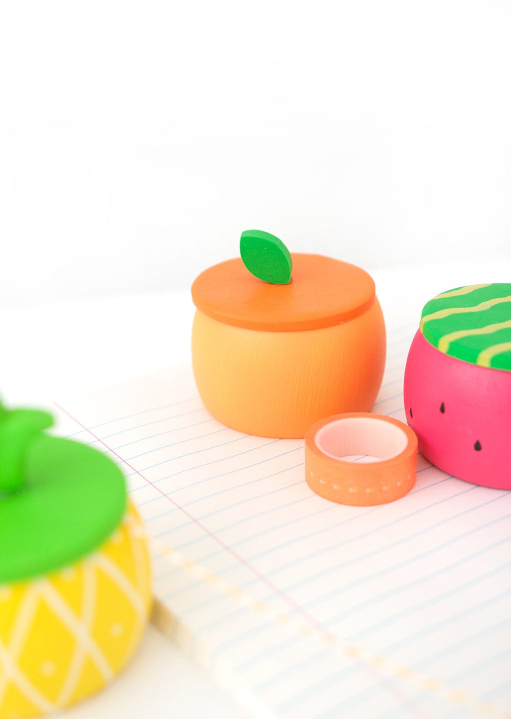 Create DIY Fruity Wooden Bracelet Trinket Boxes with a wooden bracelet and clay to create the perfect desk accessory