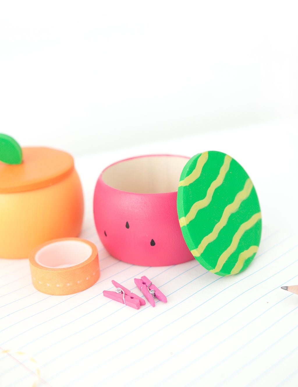 Create DIY Fruity Wooden Bracelet Trinket Boxes with a wooden bracelet and clay to create the perfect desk accessory