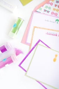 Use your Silhouette Mint to create stamps for your custom stamped glitter edge notecards | damask love