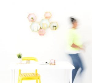 Create these DecoArt Metallic Hexagon Wall Shelves using DecoArt gold metallic paints to add perfect shimmer to your office walls.