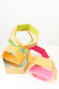 Create these DecoArt Metallic Hexagon Wall Shelves using DecoArt gold metallic paints to add perfect shimmer to your office walls.