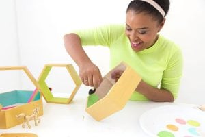Create these DecoArt Metallic Hexagon Wall Shelves using DecoArt gold metallic paints to add perfect shimmer to your office walls.